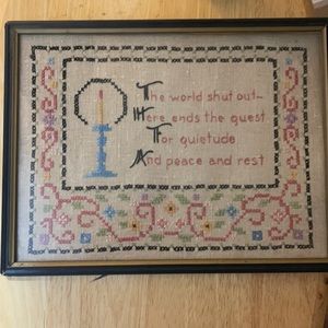 Vintage cross stitch  tapestry in rough glass frame